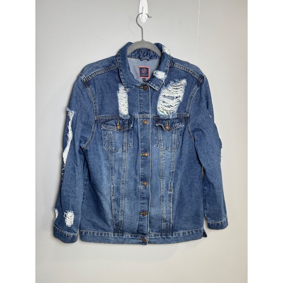 Boom Boom Jeans Distressed Embroidered Floral Denim Jacket Blue Womens Large L - Picture 1 of 8